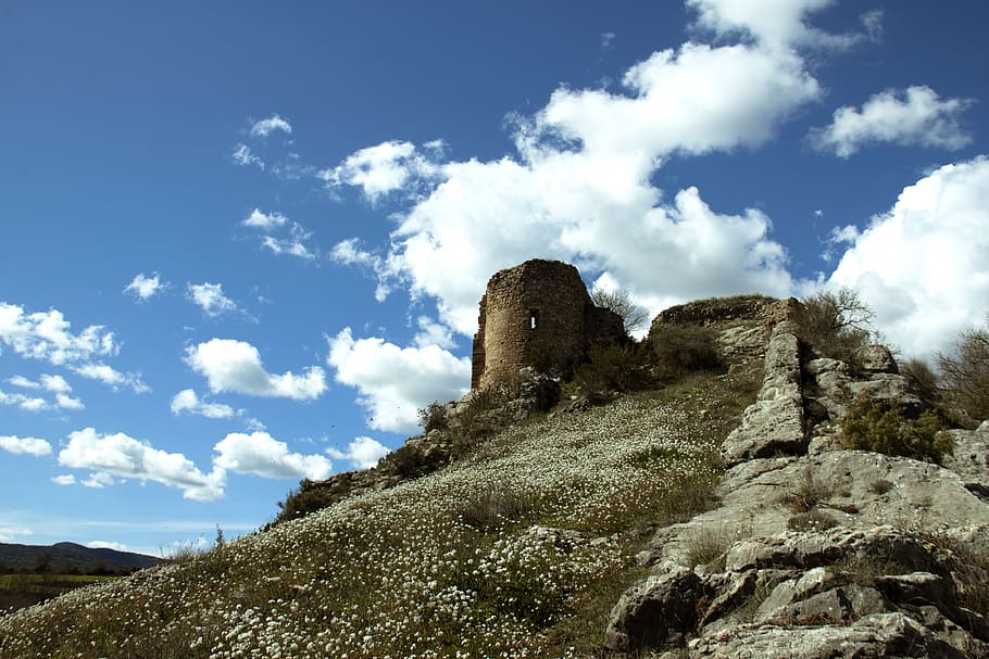 mountain, castle, tower, sky, landscape, cloud - sky, low angle view HD wallpaper