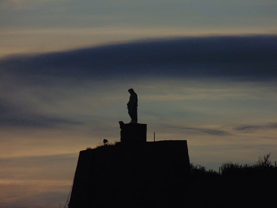 statue, profile, sunset, cloud, sky, clouds, horizon, twilight HD wallpaper