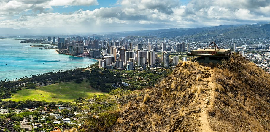 cityscape photo of high-rise buildings in front of blue beach HD wallpaper