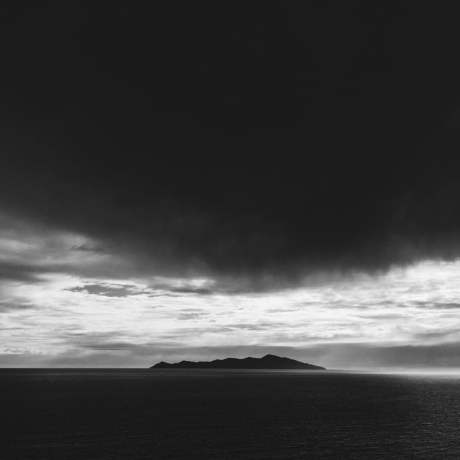 silhouette of island under black ky, clouds, stormy, sea, dark, HD wallpaper