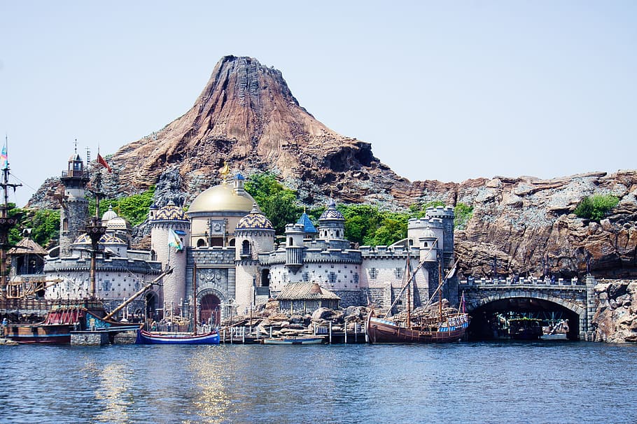 blue and white castle beside sea, disney, harbor, japan, tokyo, HD wallpaper