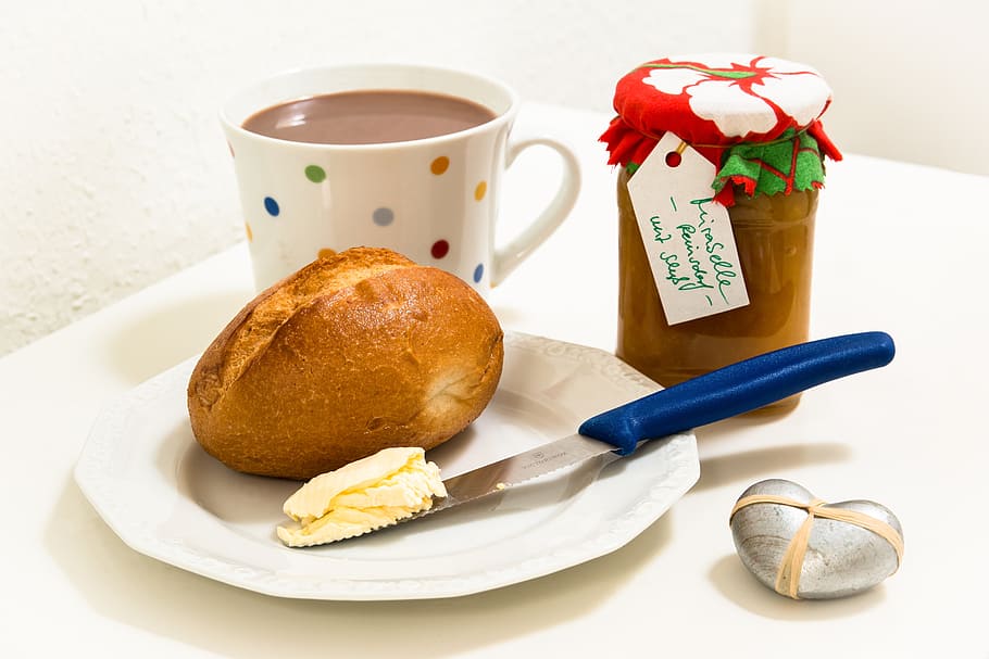 baked bread beside butter on knife on plate, breakfast, roll HD wallpaper