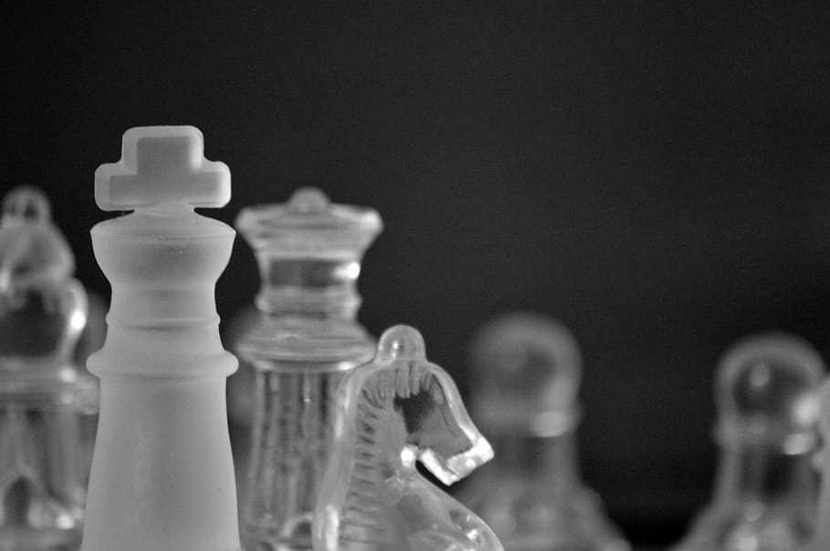 clear glass horse chess piece beside king, pieces, game, chessboard