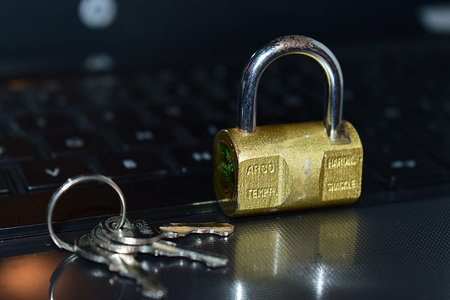 selective focus photography of padlock and keys, security, keyboard HD wallpaper