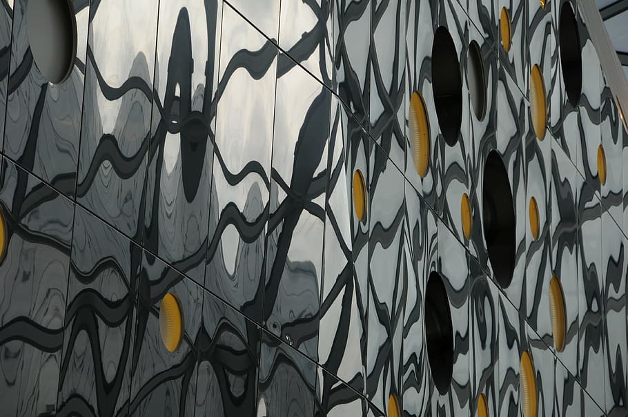 facade, building, triangles, circle, reflections, mirroring HD wallpaper