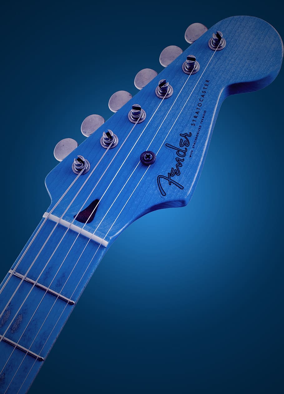 blue Fender Stratocaster electric guitar headstock, glowing, style, HD wallpaper
