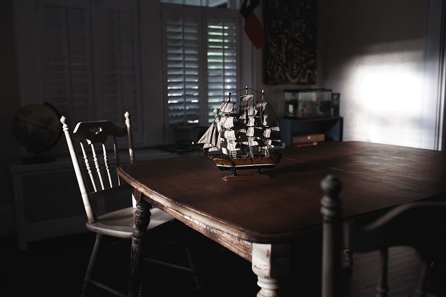 ship, sail, dark, chair, wood, table, window, seat, indoors HD wallpaper