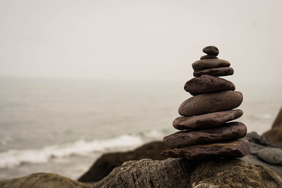 selective focus photograph of balance stone, nature, meditation, HD wallpaper