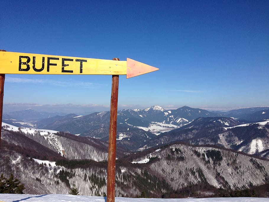 Mountains, Snow, Sign, Landscape, bufet, wilderness, scenery HD wallpaper