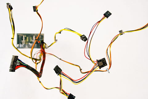 computer cables, yellow and red coated wires, red and black, cord HD wallpaper