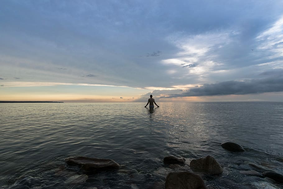 Sunset, Silence, Outdoor, quite, man, ocean, water, sea, shore HD wallpaper