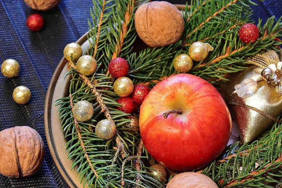 photo of apple fruit surrounded by baubles, advent, walnuts HD wallpaper