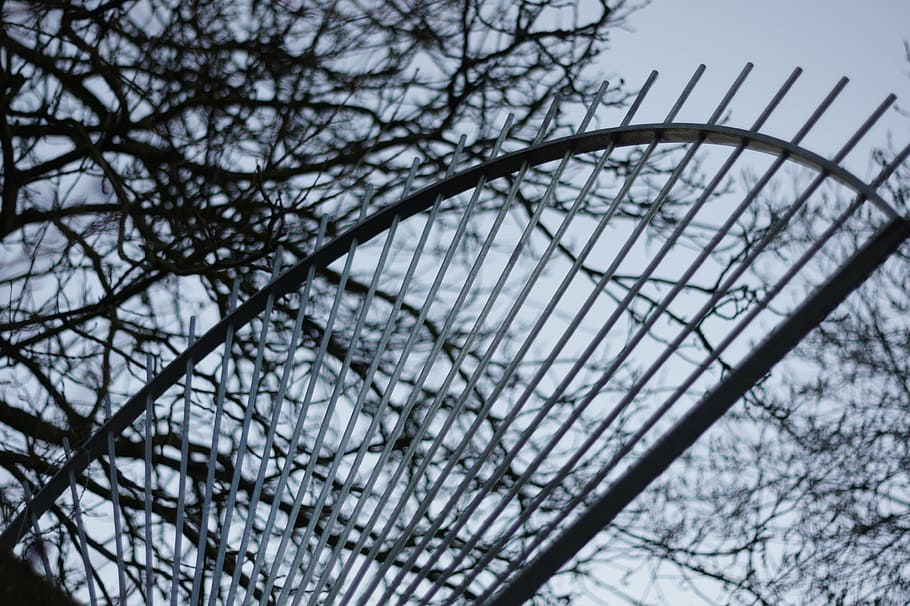 grid, fence, rays, metal, iron, sky, tree, no people, bare tree HD wallpaper
