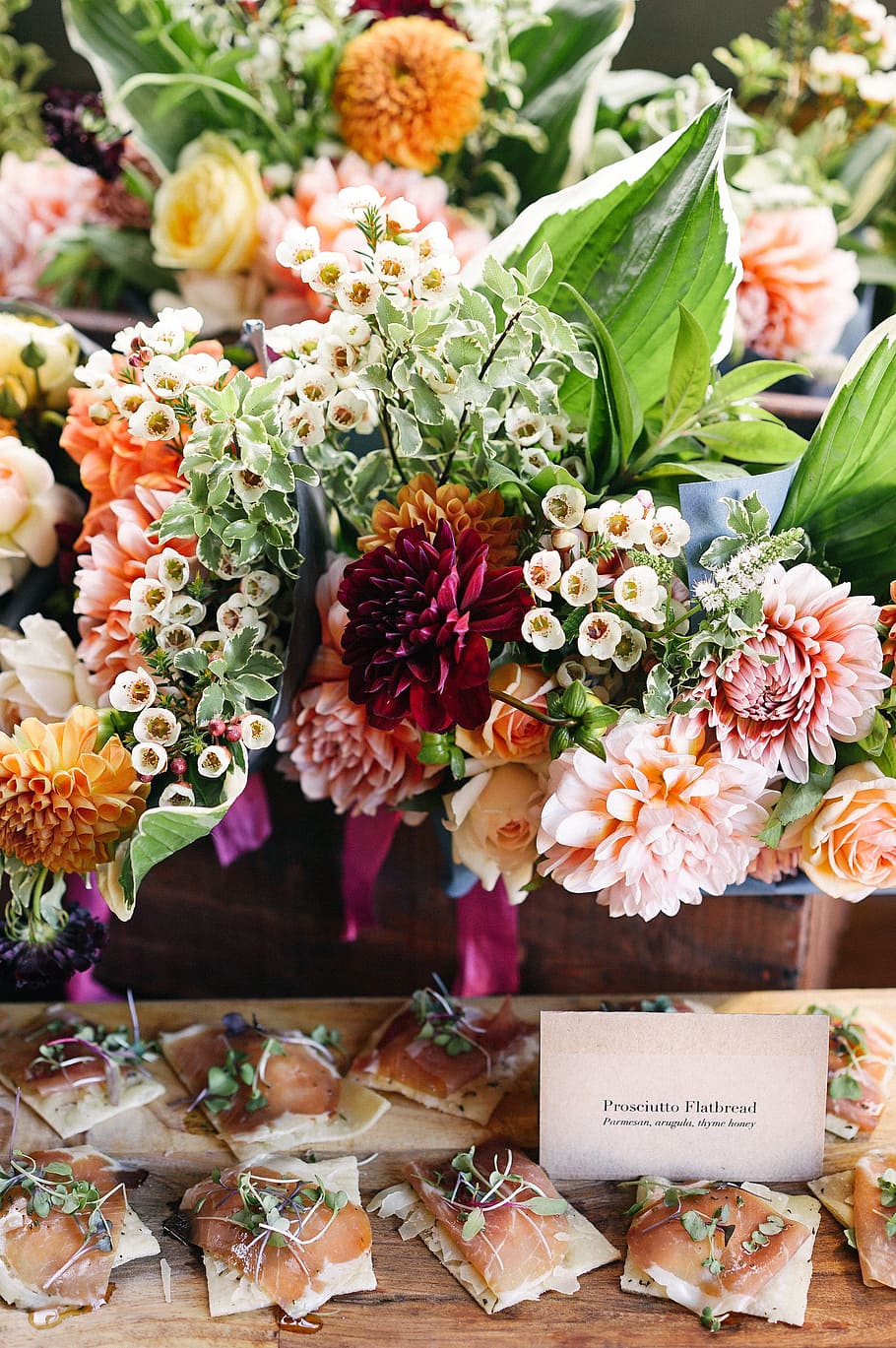 food, meat, vegetables, dish, buffet, display, flower, flowering plant HD wallpaper