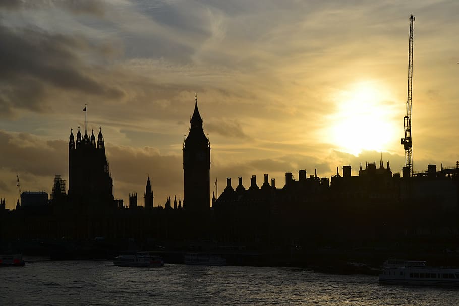 silhouette of buildings, london, parliament, clock, united kingdom, HD wallpaper