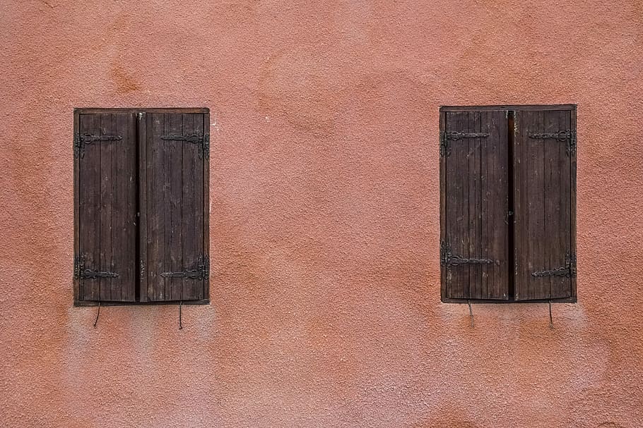 two black closed doors, wall, windows, wooden, old, architecture, HD wallpaper