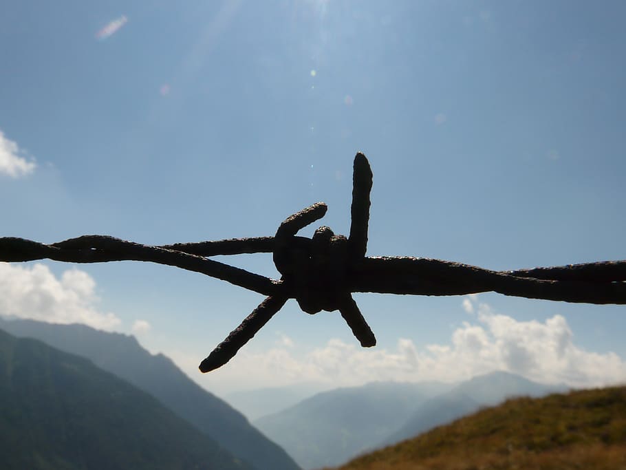 barbed wire, risk, sky, mountain, nature, day, focus on foreground HD wallpaper