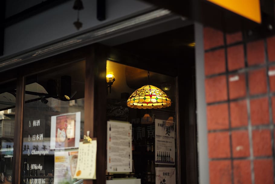 pendant light across glass door, Taipei, store, restaurant HD wallpaper