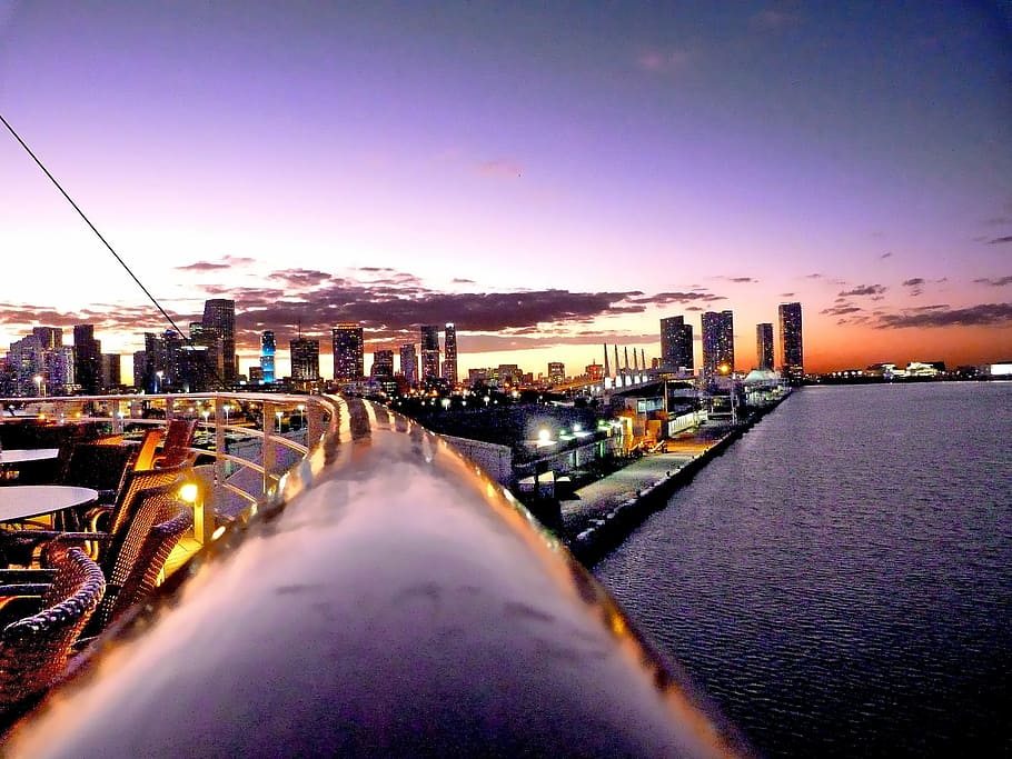 city building near the body of water, miami, night, skyline, florida