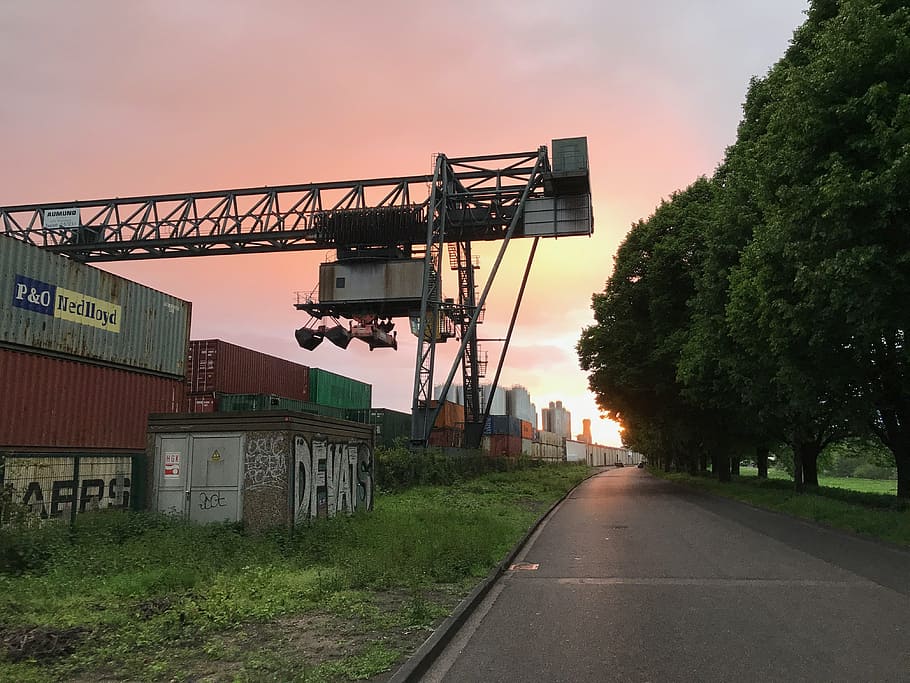 container, sun, industry, sky, sunset, evening, port, industrial landscape HD wallpaper