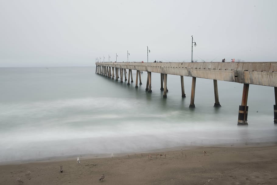 gray dock under white clouds, grey, concrete, bridge, ocean HD wallpaper