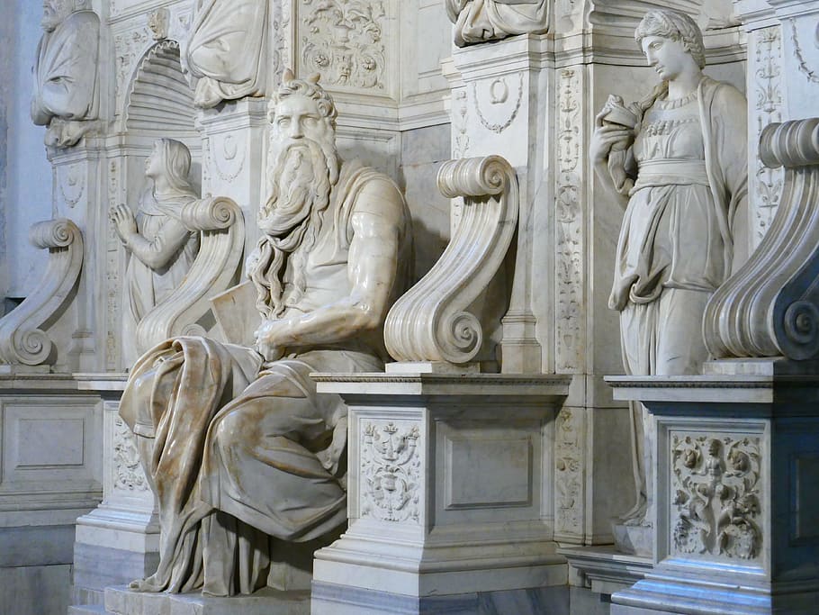man sitting on chair statue, moses, horned, san pietro in vincoli