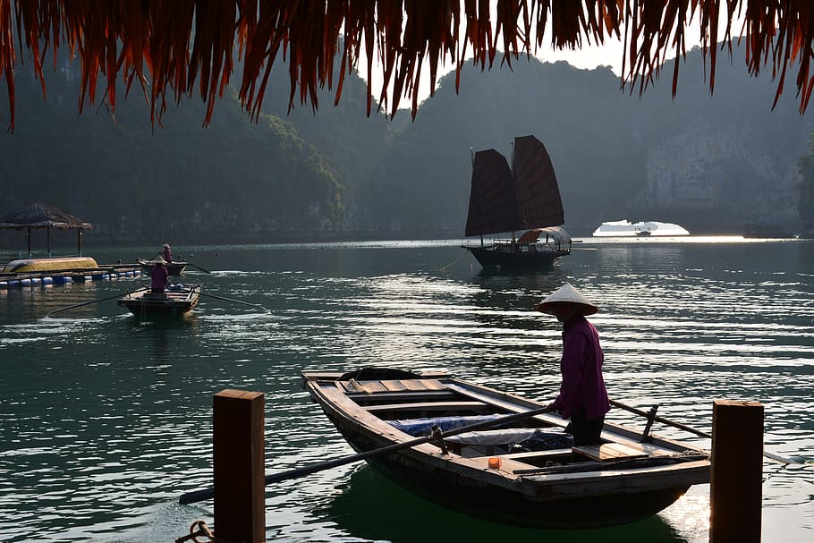man rowing boat, Ha Long Bay, Vietnam, Travel, Cruise, nautical Vessel