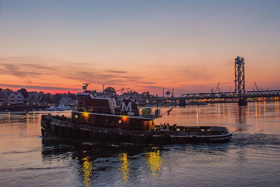 Got a job to do, boat on water near bridge, river, sunset, structure HD wallpaper