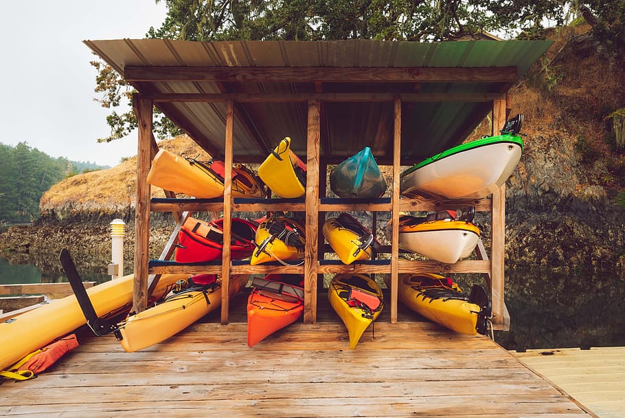 kayaks, shed, stack, summer, canoeing, boat, lakeside, collect, HD wallpaper