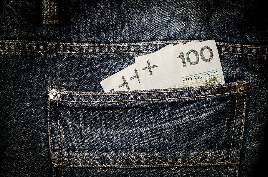 card on blue denim bottoms, four, plus, paper, pocket, money HD wallpaper