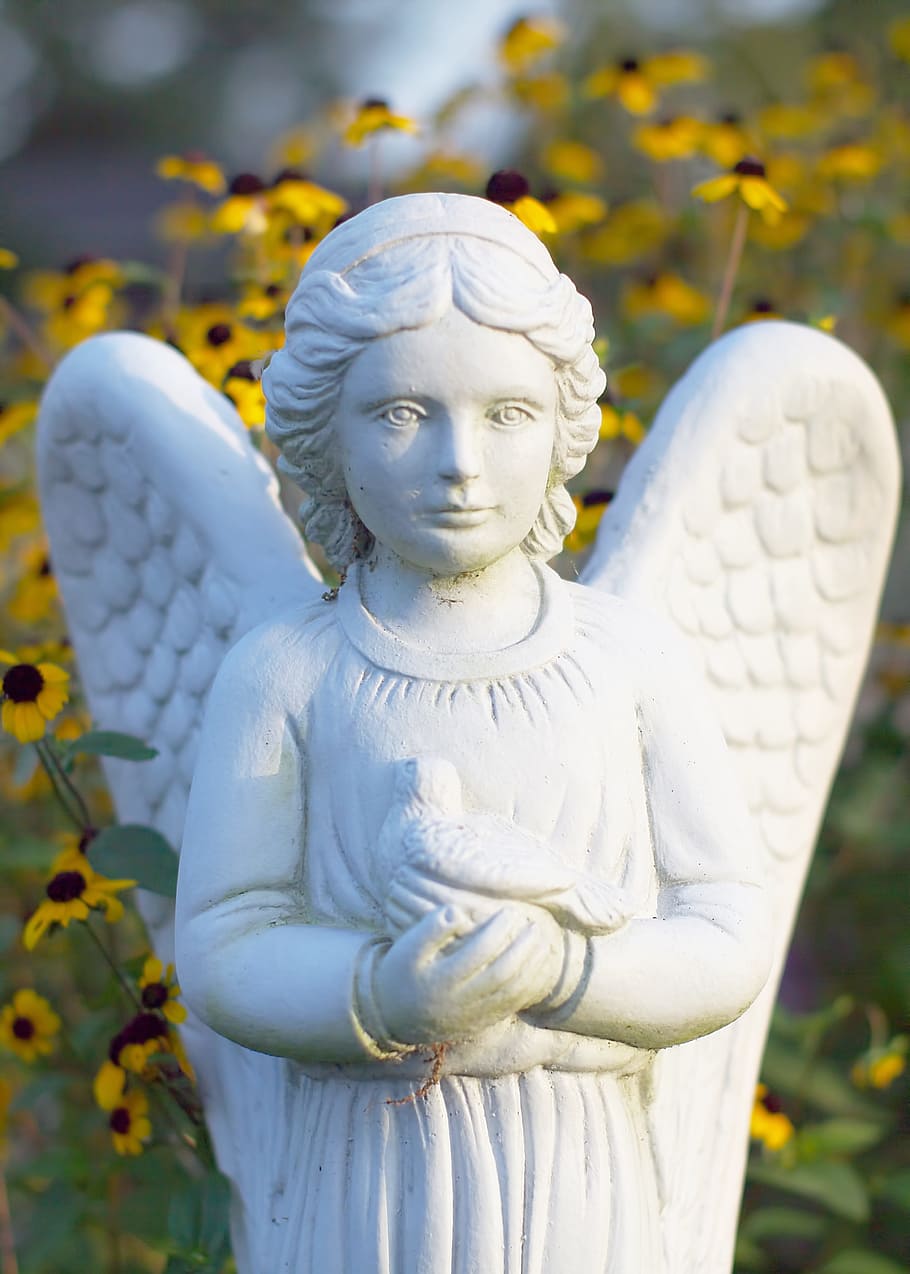 angel, flower, statue, spring, summer, monument, sculpture HD wallpaper