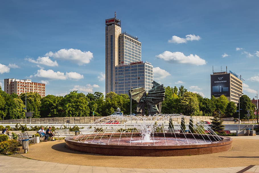 city, buildings, park, fountain, center, katowice, monument, silesia, HD wallpaper