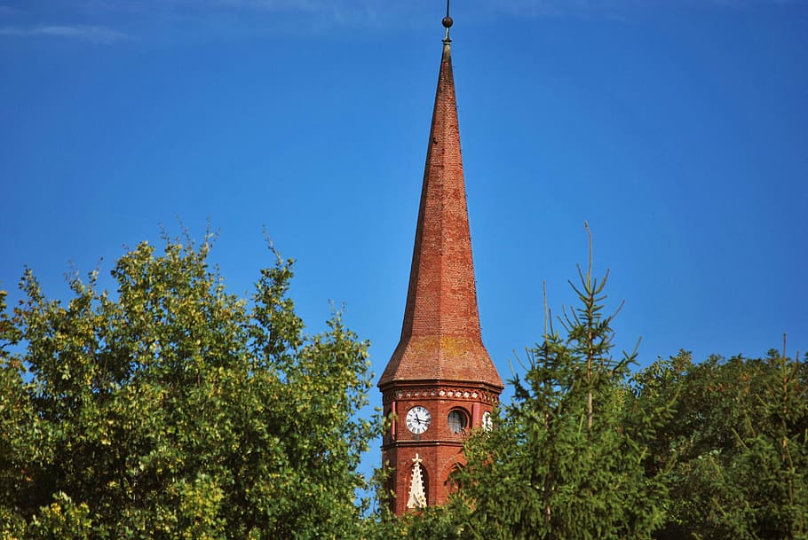 tower, church, brick, tree, blue sky, old buildings, architecture HD wallpaper