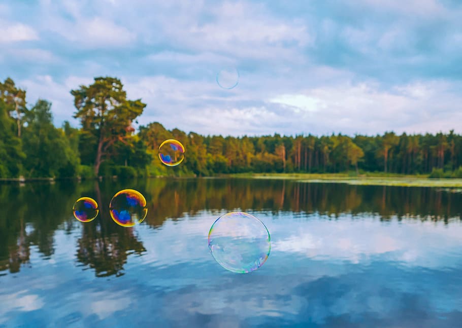 bubble over calm body of water, bubbles, floating, top, lake HD wallpaper