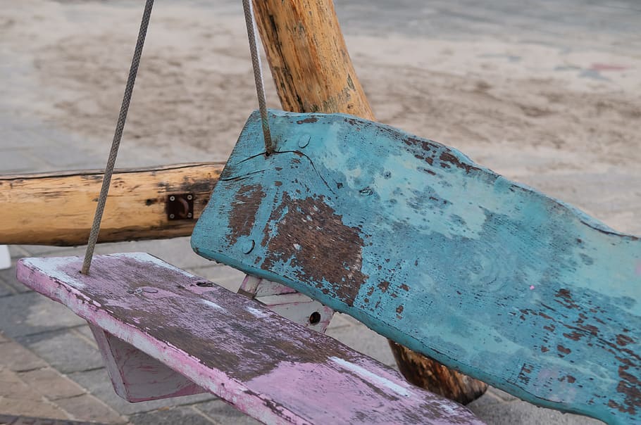 Beach, Pink, Bench, Swing, Bank, blue, landscape, dreamy, romantic HD wallpaper
