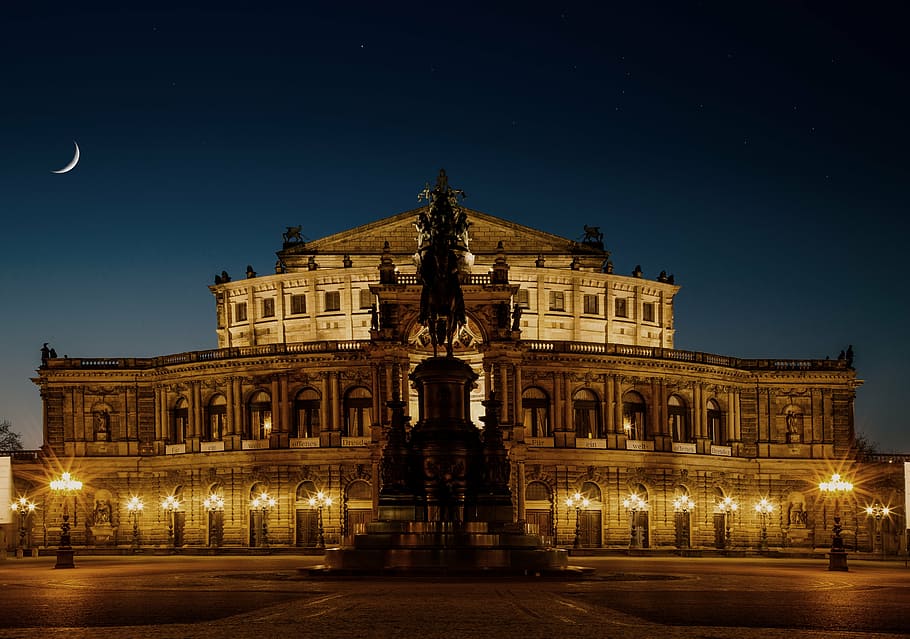 architecture, germany, lights, monument, night, opera, spotlight HD wallpaper