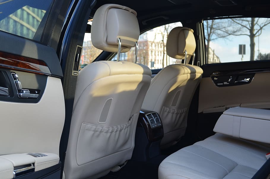 beige vehicle back seat, s class, limousine, interior view, sit, HD wallpaper