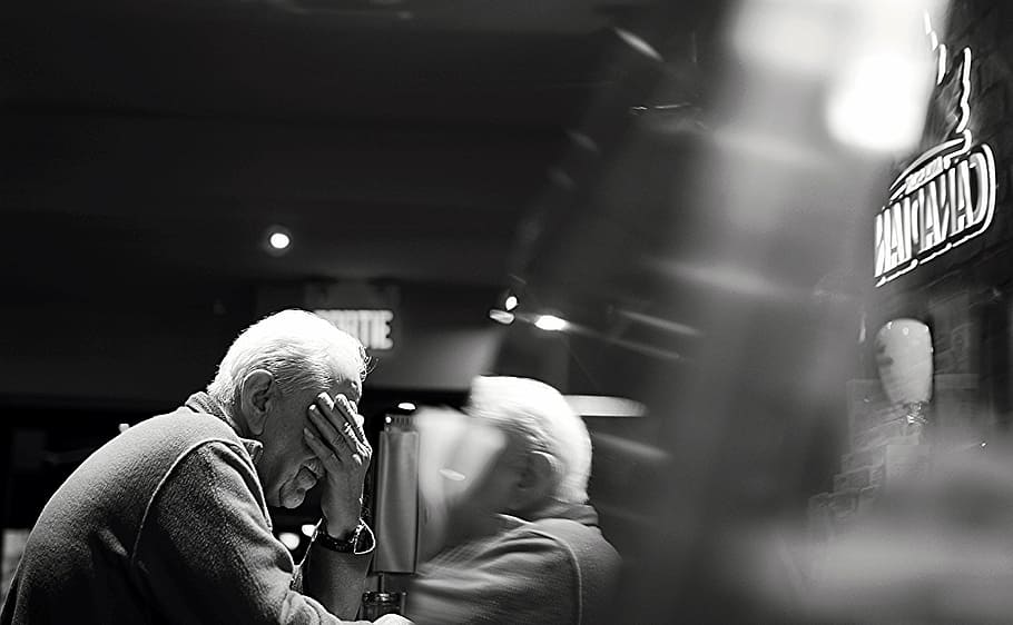 black-and-white, elderly, man, old, person, reflection, sitting HD wallpaper