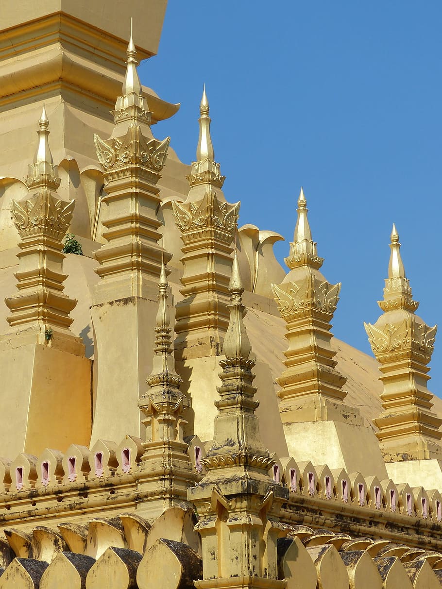 Stupa, Pagoda, Gold, Laos, golden stupa, vientiane, asia, buddhism, HD wallpaper