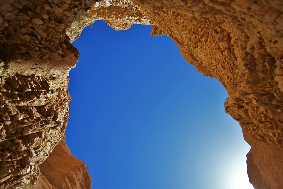 beige rock formation under blue sky during day, cave, canyon HD wallpaper