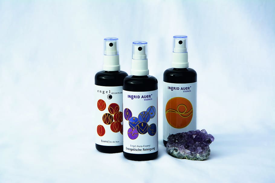 three labeled spray bottles, white, surface, spay, container HD wallpaper