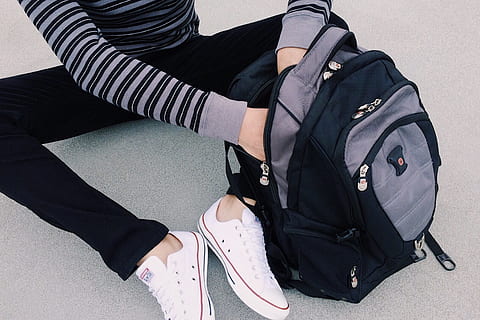 person searching inside black and gray backpack, student, school HD wallpaper