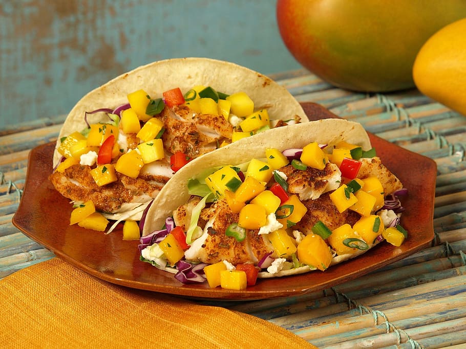 two tacos food dish on brown plate, mango catfish taco, cooking, HD wallpaper