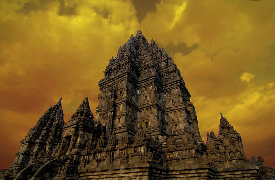 low-angle view of beige concrete cathedral, temple, prambanan