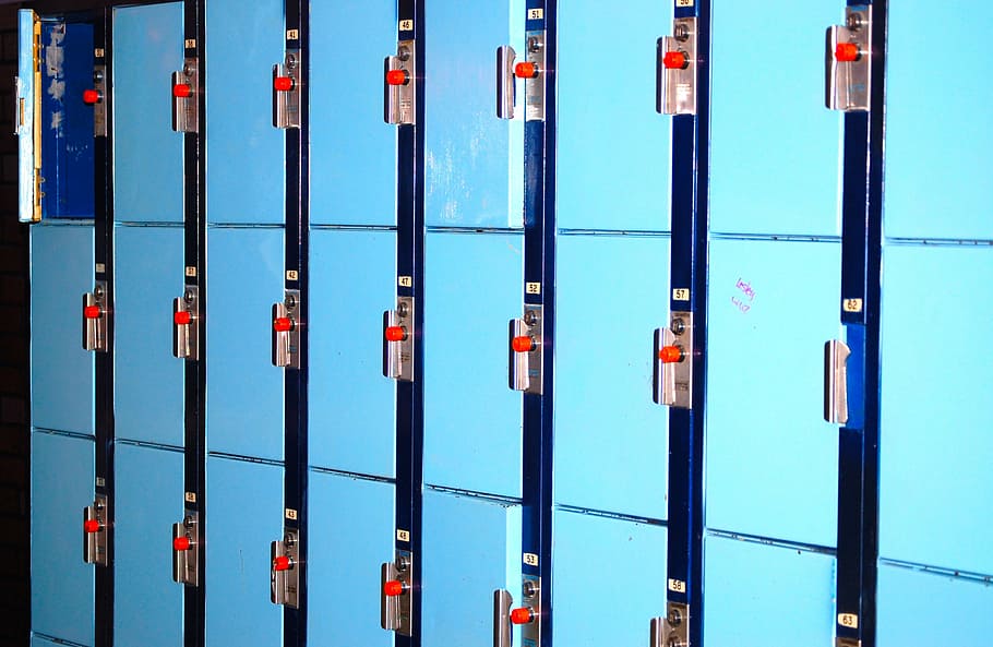 blue lockers, school lockers, storage, no people, architecture HD wallpaper