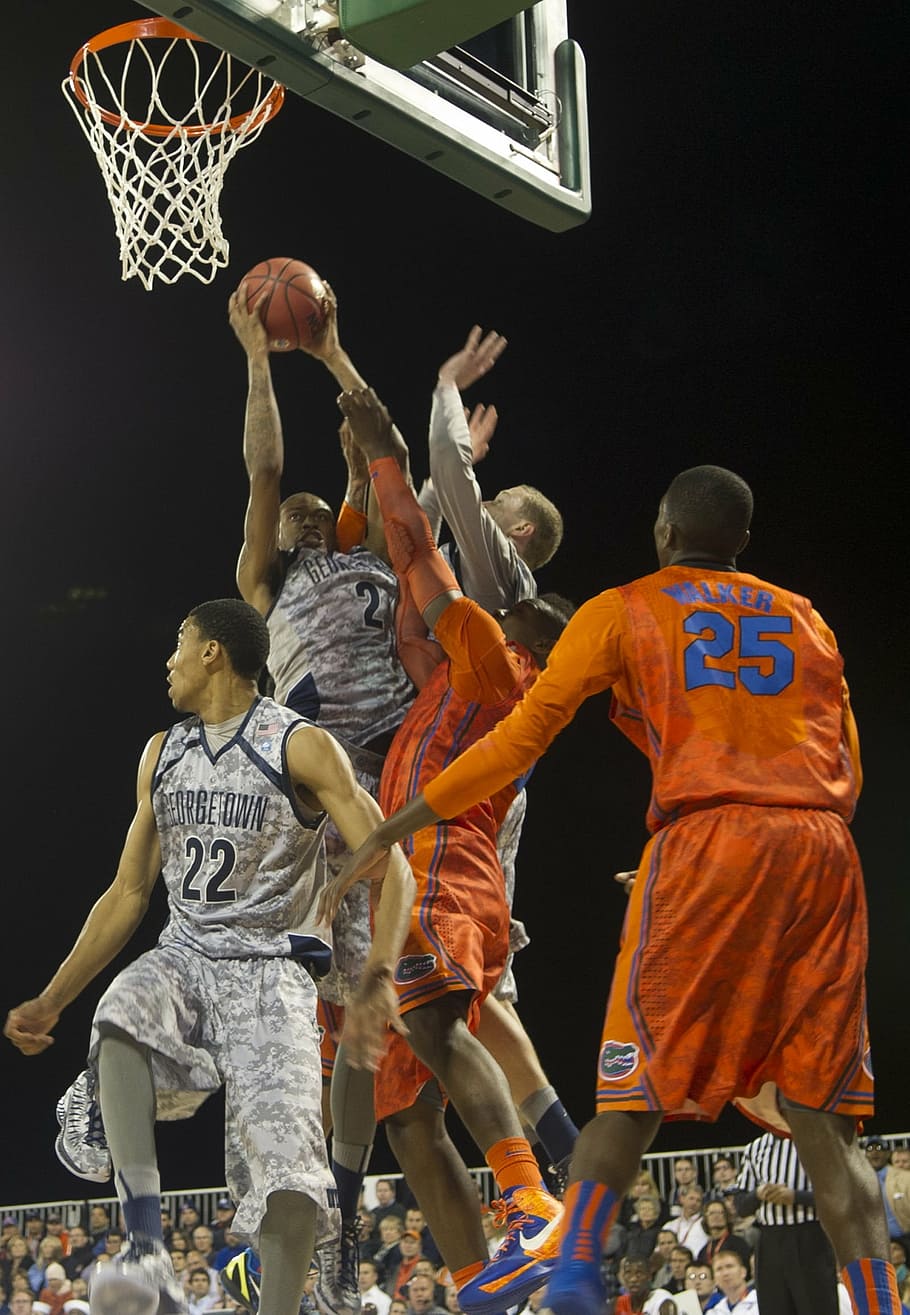 five basketball players playing basketball, game, hoop, teams