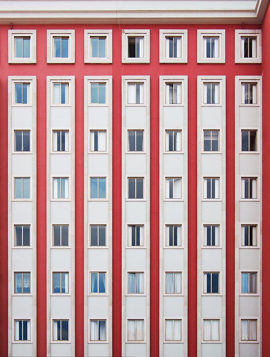 white and red concrete building, condo units, facade, window, HD wallpaper