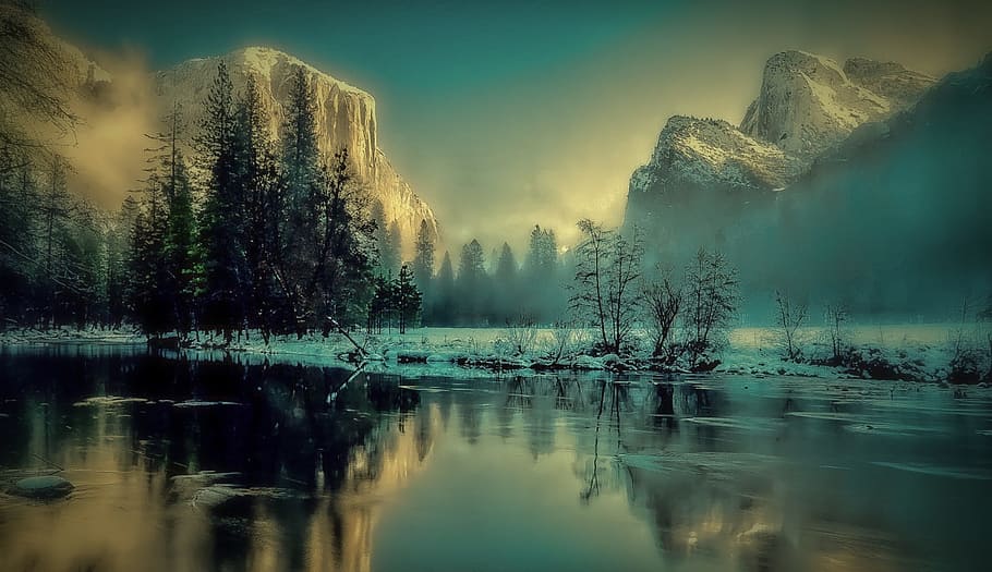 landscape photography of river and mountain at daytime, yosemite park, HD wallpaper