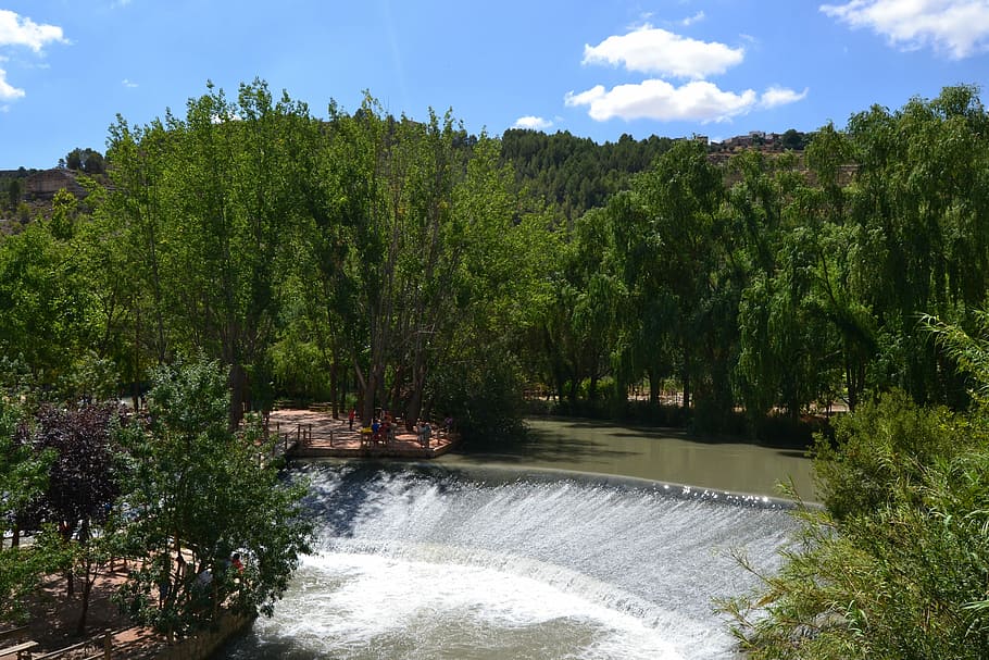 River, Jucar, Waterfall, Views, panoramic, spain, tree, forest HD wallpaper