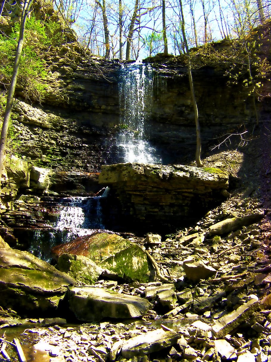 waterfall, stream, cascade, flowing, scenic, nature, green, HD wallpaper